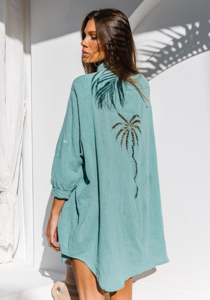 CABO 3 Palm Shirt Dress- Sea Green