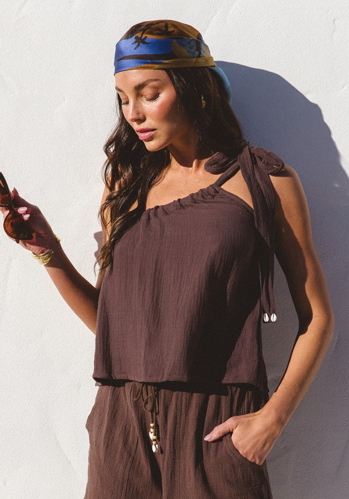 CABO Sicily One Shoulder Tie Top - Espresso