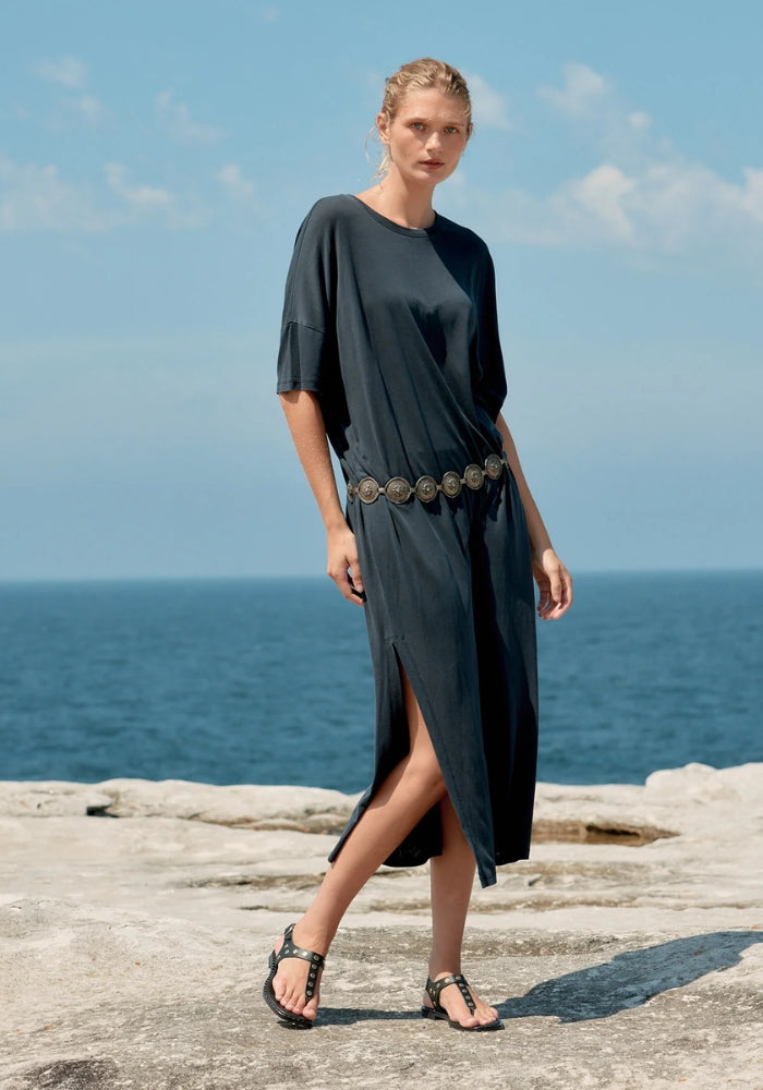 ESTILO EMPORIO Box Cotton/Tencel Long T-Shirt Dress - Washed Black
