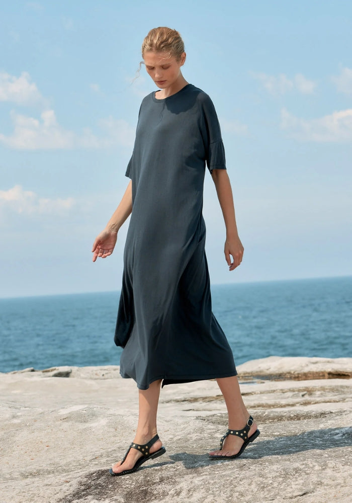 ESTILO EMPORIO Box Cotton/Tencel Long T-Shirt Dress - Washed Black