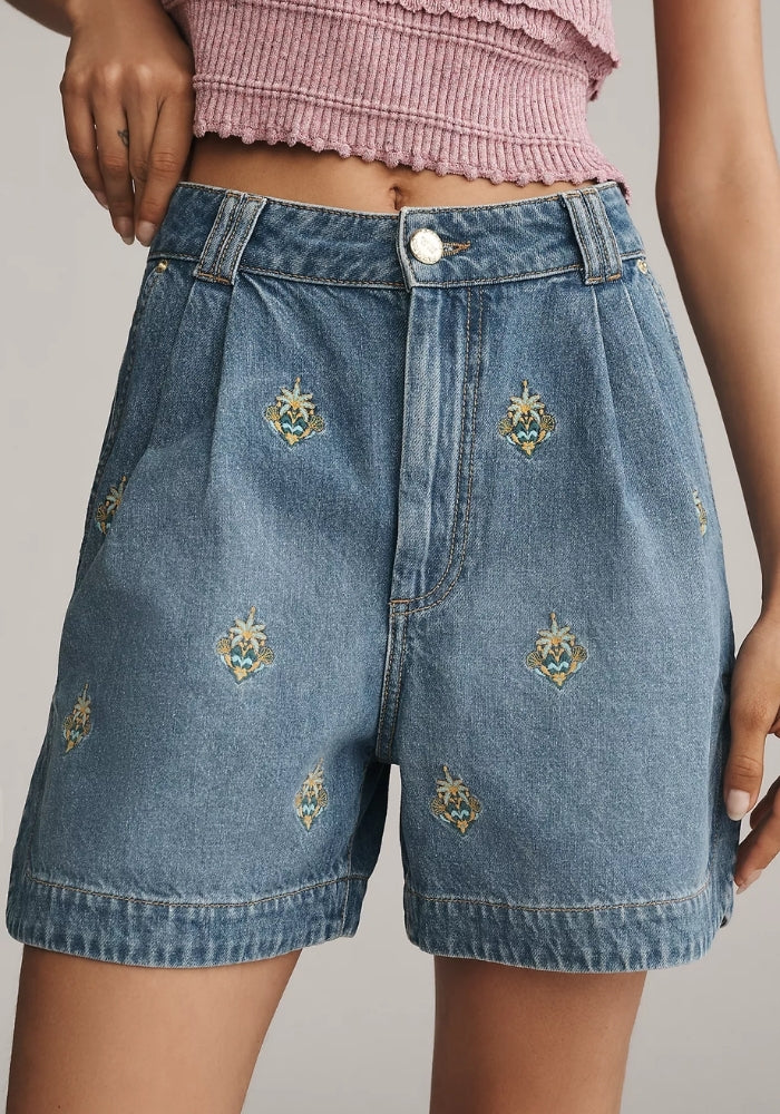 FARM RIO Embroidered Palm Tree Denim Shorts