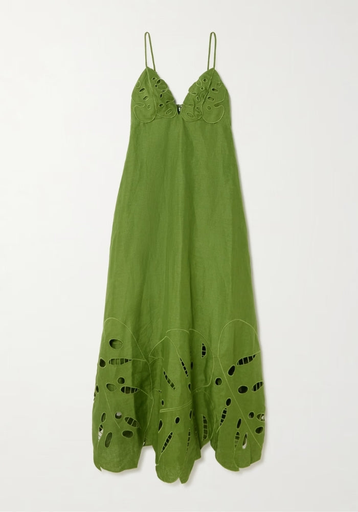 FARM RIO Green Monstera Embroidery Midi Dress