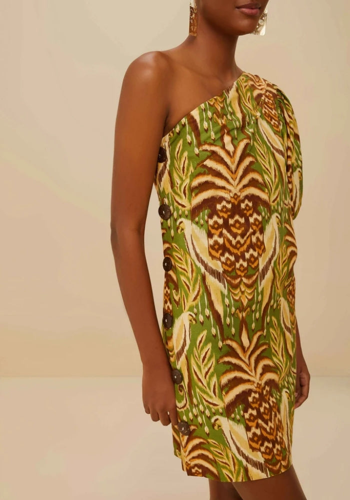 FARM RIO Pineapple Tapestry Green One Shoulder Buttoned Mini