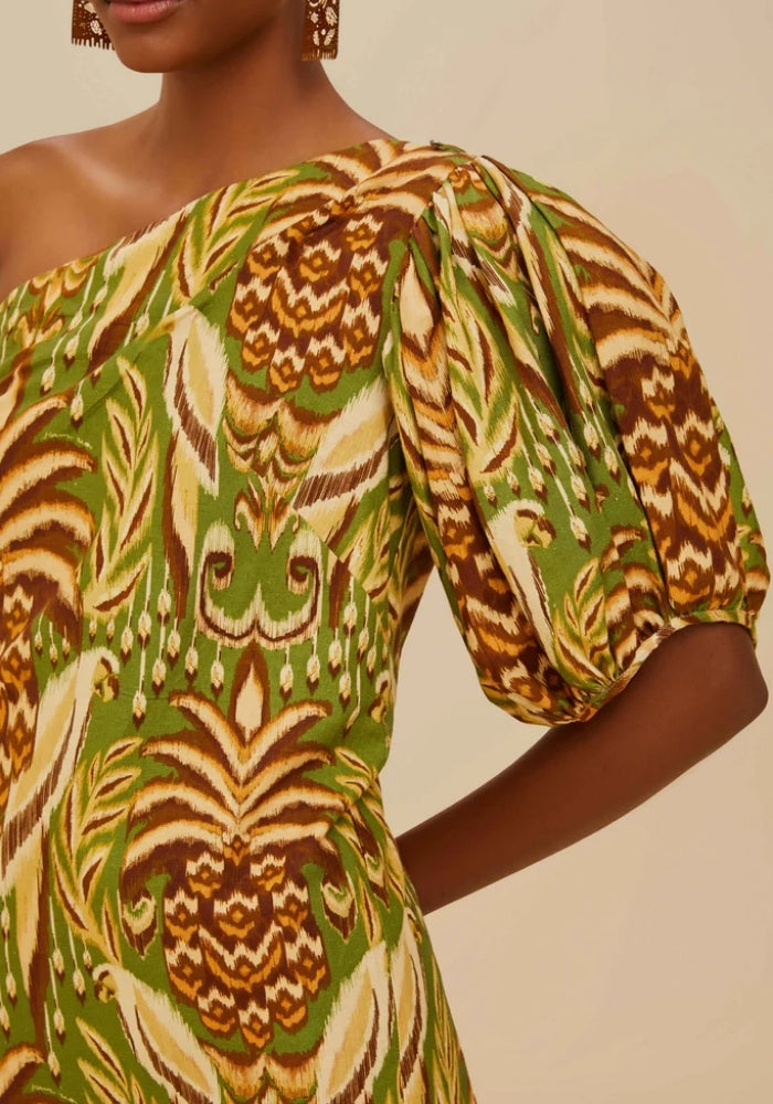 FARM RIO Pineapple Tapestry Green One Shoulder Buttoned Mini