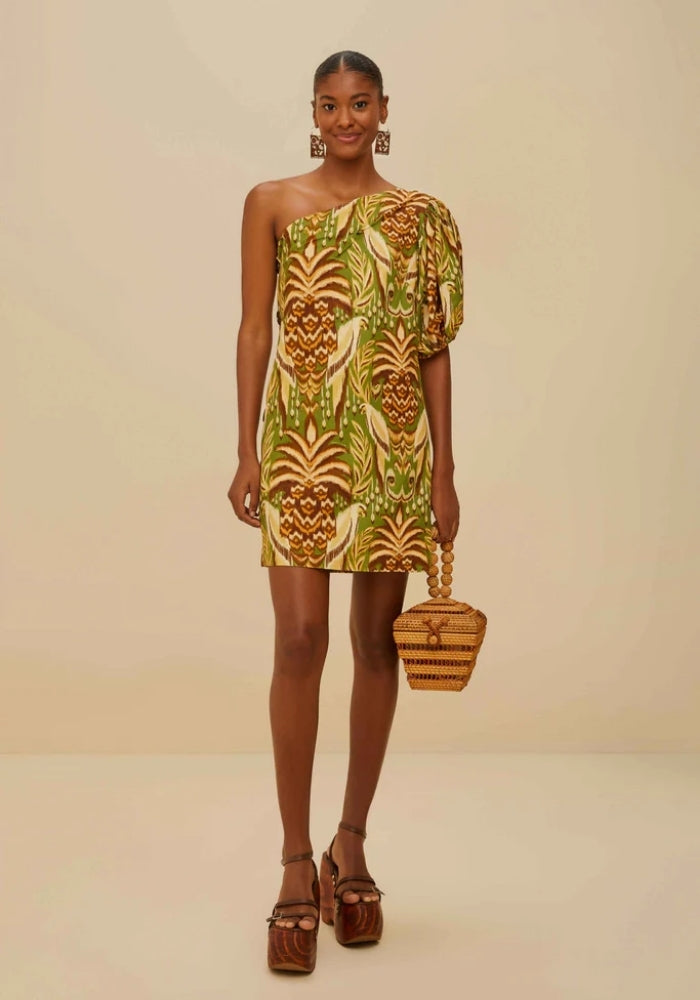 FARM RIO Pineapple Tapestry Green One Shoulder Buttoned Mini