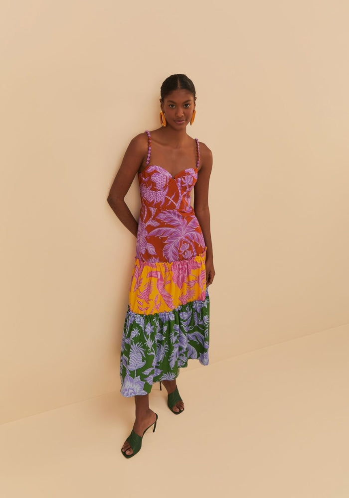 FARM RIO Tropical Swing Mix Midi Dress White Bohemian FARM RIO Tropical Swing Mix Midi Dress White Bohemian