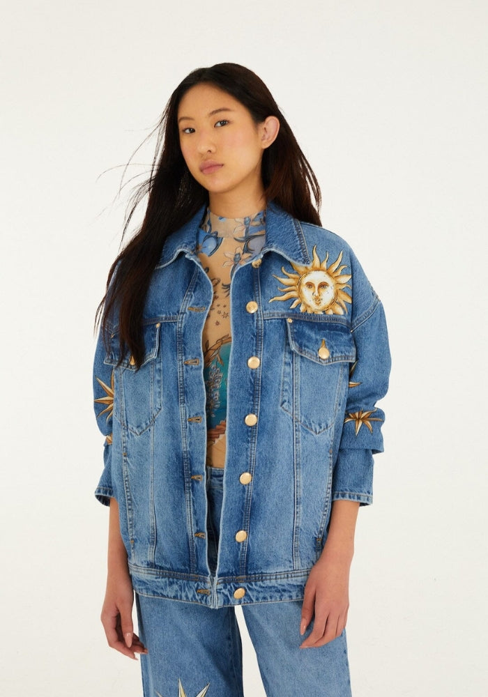 FARM RIO Denim Mystical Sun Printed Jacket