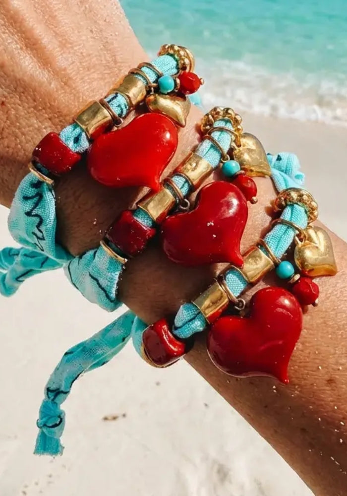 GOUPI Aqua Bandana Bracelet Red Hearts - Gold