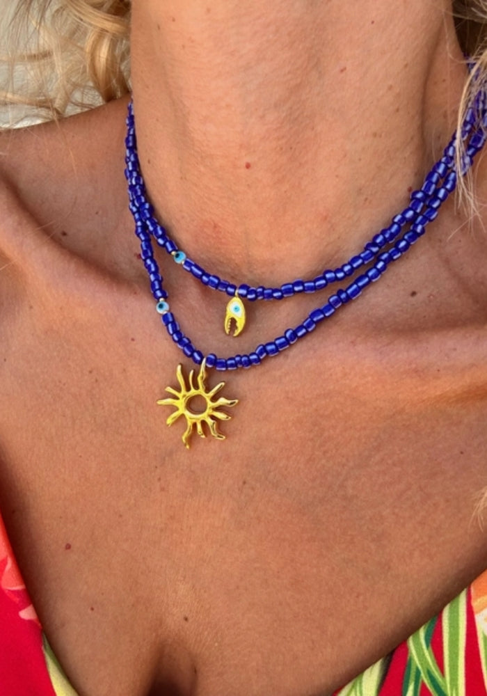 GOUPI Blue Beaded Necklaces - Gold Sea Charm