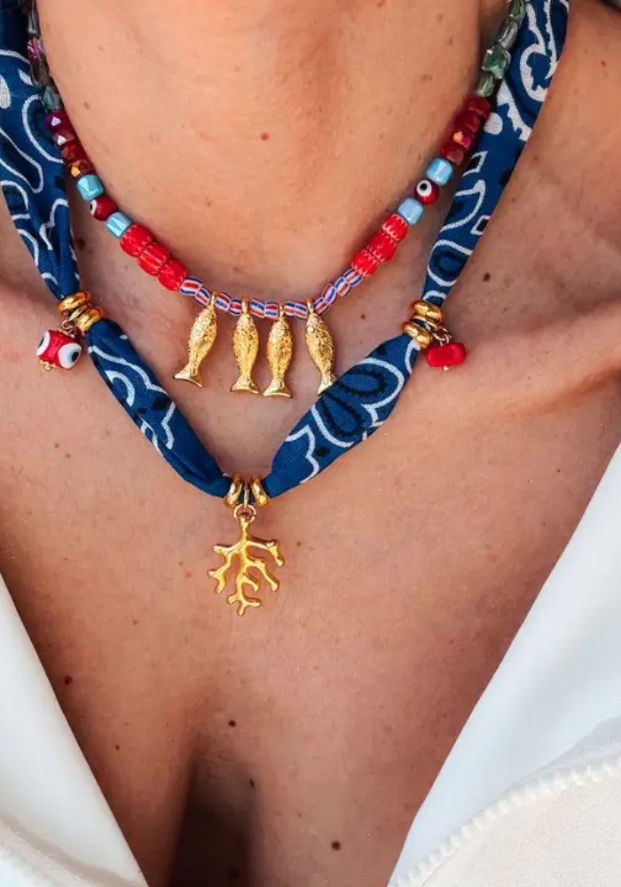 GOUPI Blue Bandana Scarf - Fish Necklace