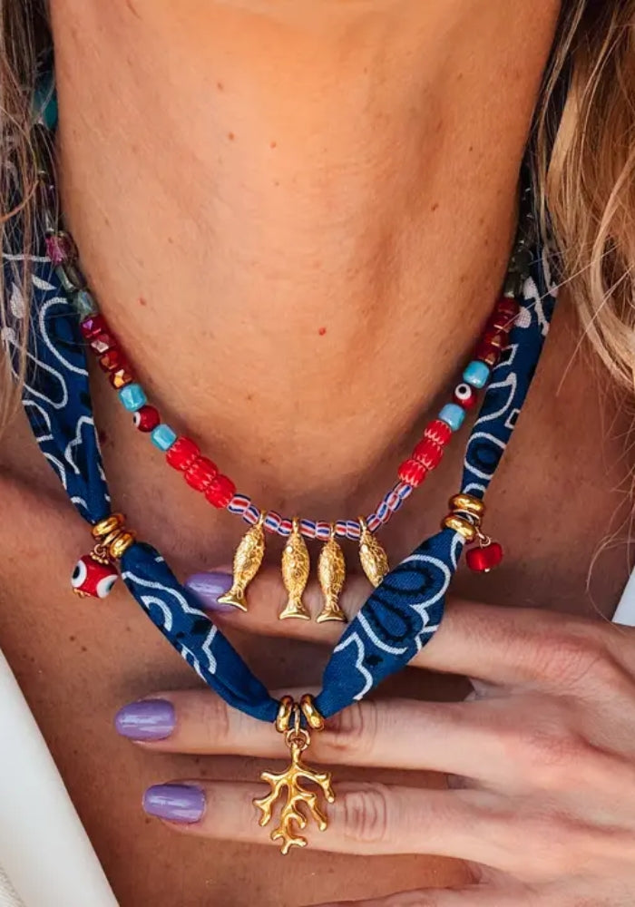 GOUPI Blue Bandana Scarf - Fish Necklace