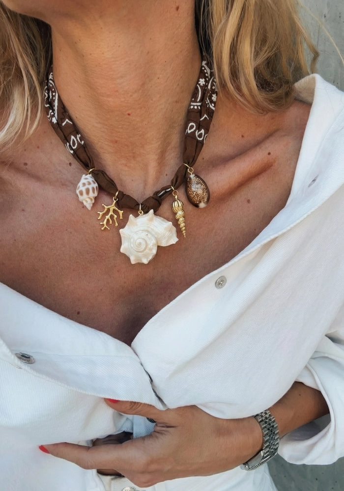 GOUPI Brown Bandana Scarf Shell Necklace - Sea Charm Shells