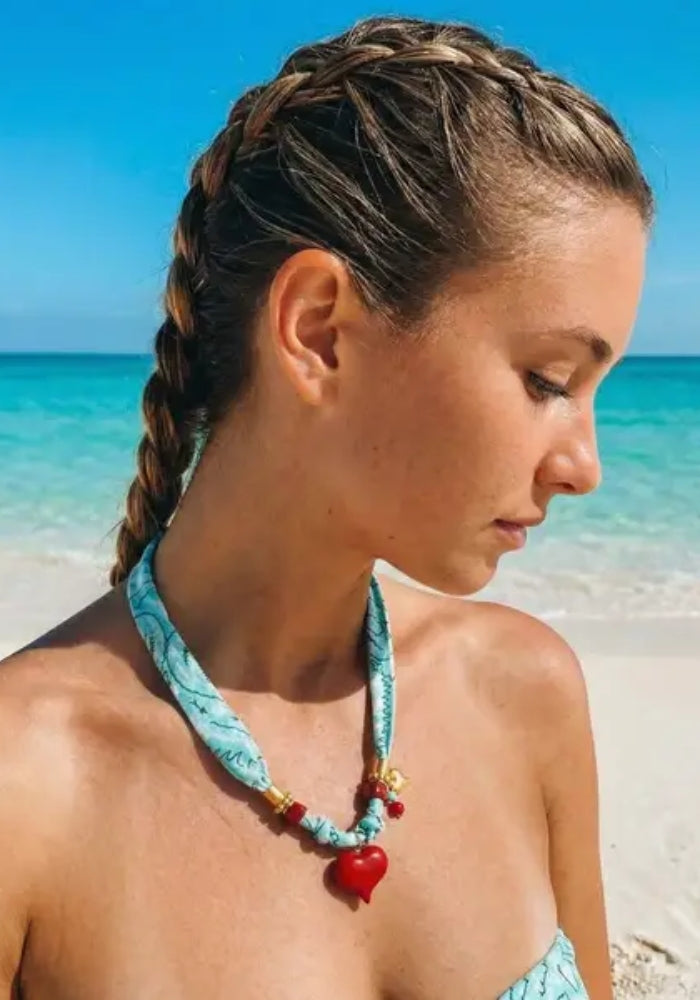 GOUPI Turquoise Bandana Scarf Necklace-  Red Heart Charm