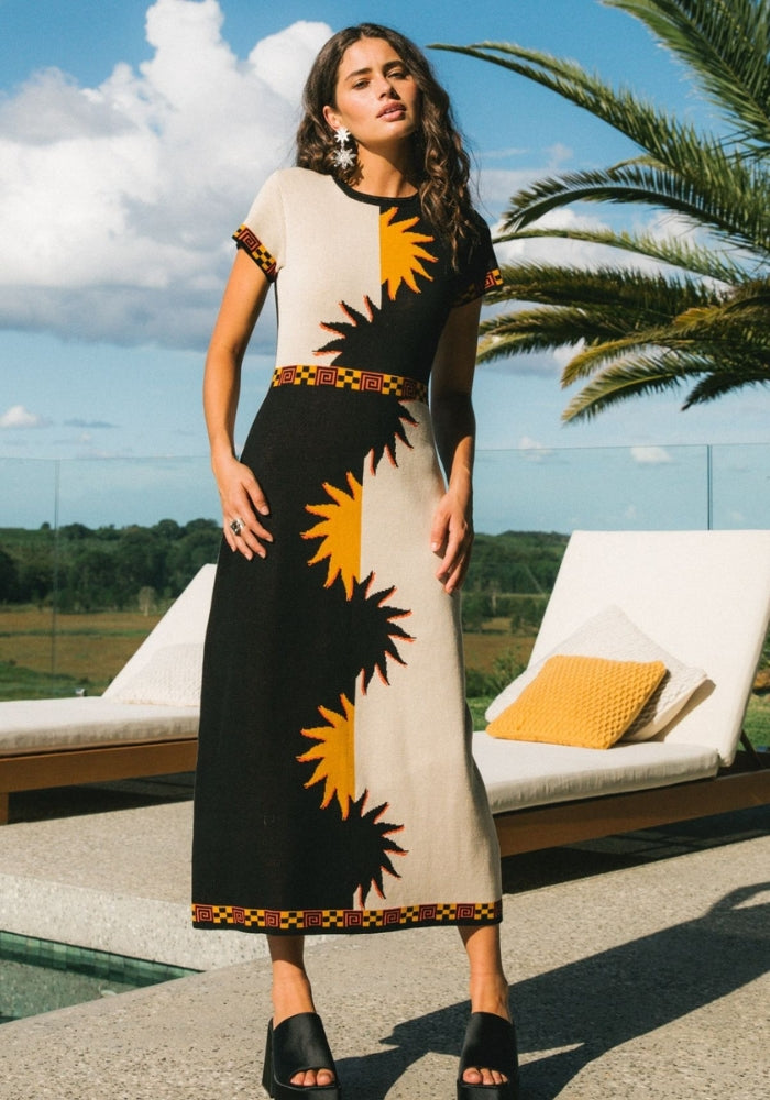 NINE LIVES BAZAAR Yoko Midi Dress - Salt & Pepper