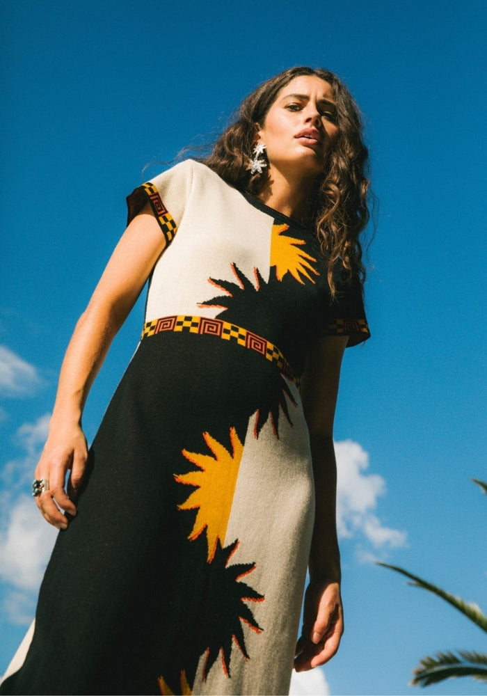 NINE LIVES BAZAAR Yoko Midi Dress - Salt & Pepper