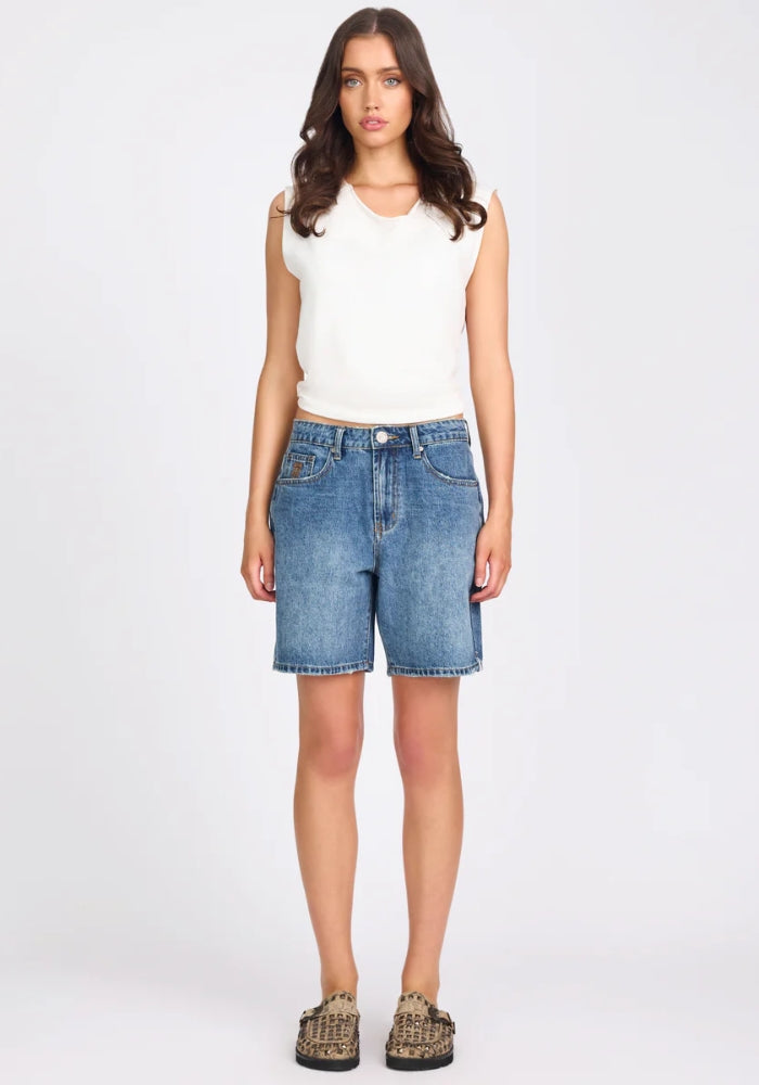 ONE TEASPOON Jacksons Mid Waist Wide Leg Denim Shorts - Westland Blue