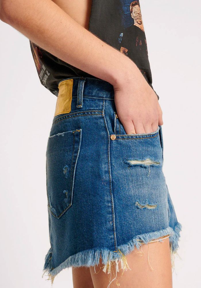 Shredded Gold Junkyard Denim Skirt