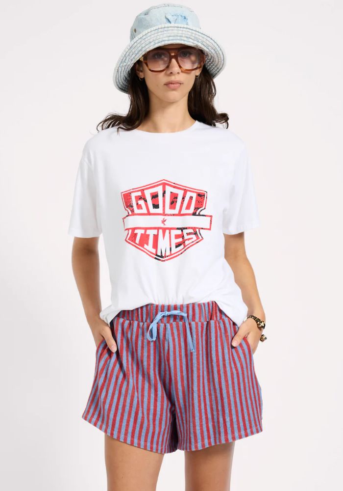 The RED BLUE STRIPED TERRY TOWEL DRAWSTRING BEACH SHORTS