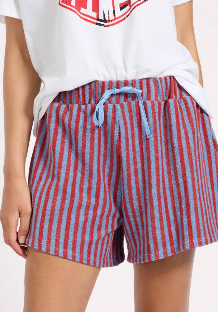 The RED BLUE STRIPED TERRY TOWEL DRAWSTRING BEACH SHORTS