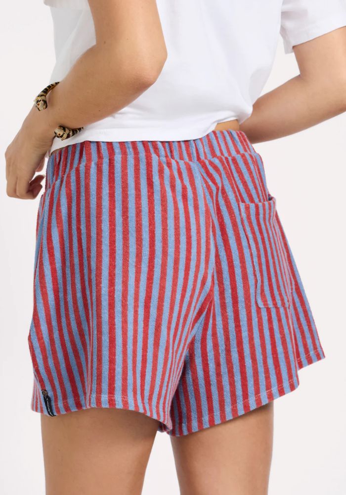 The RED BLUE STRIPED TERRY TOWEL DRAWSTRING BEACH SHORTS