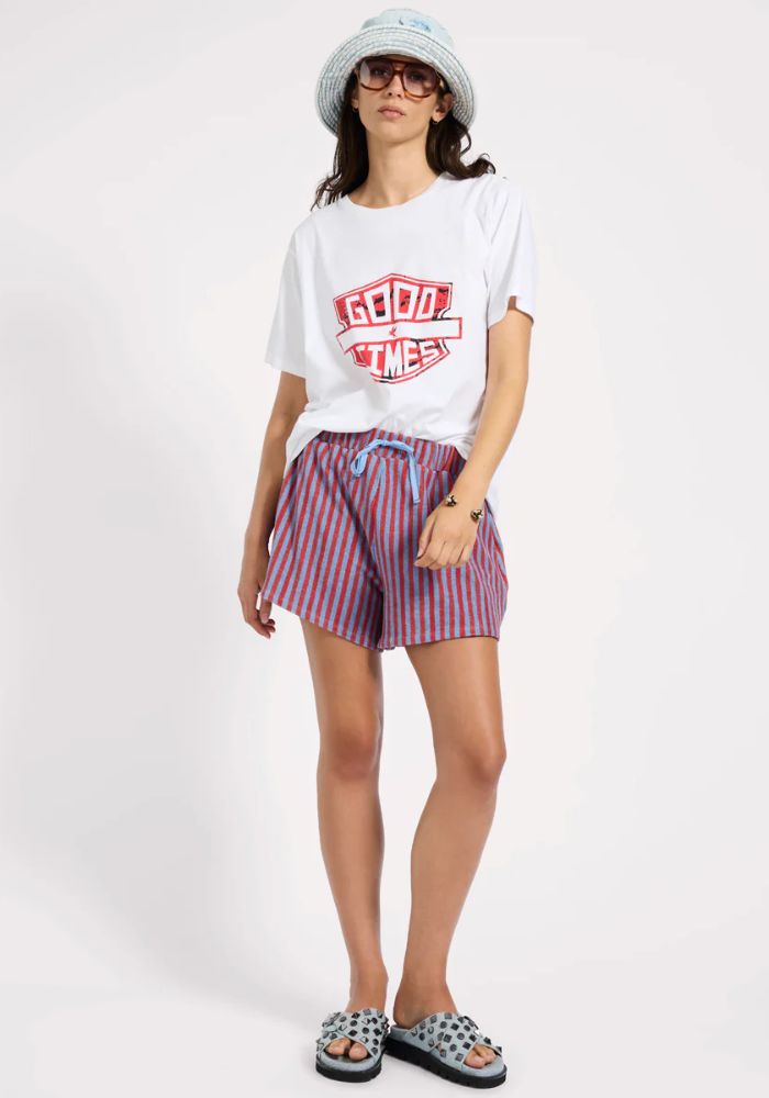 The RED BLUE STRIPED TERRY TOWEL DRAWSTRING BEACH SHORTS