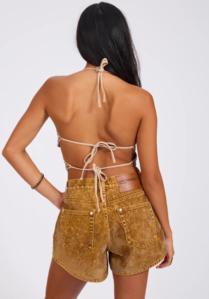 ONE TEASPOON Denim Flower Studded Backless Crop Top - Warm Tan