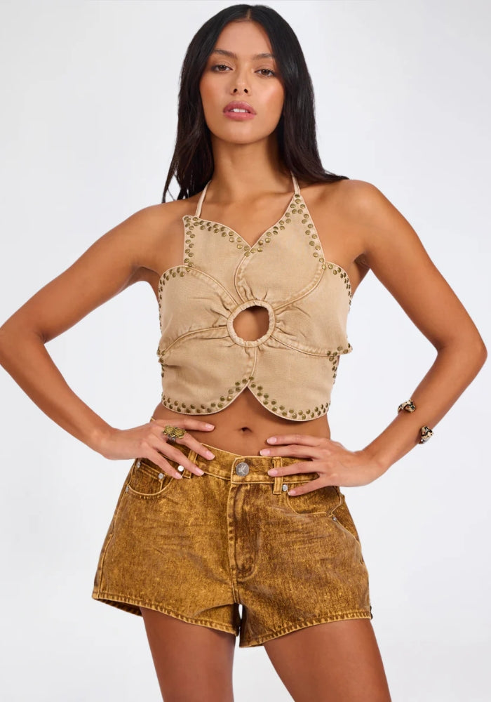 ONE TEASPOON Denim Flower Studded Backless Crop Top - Warm Tan