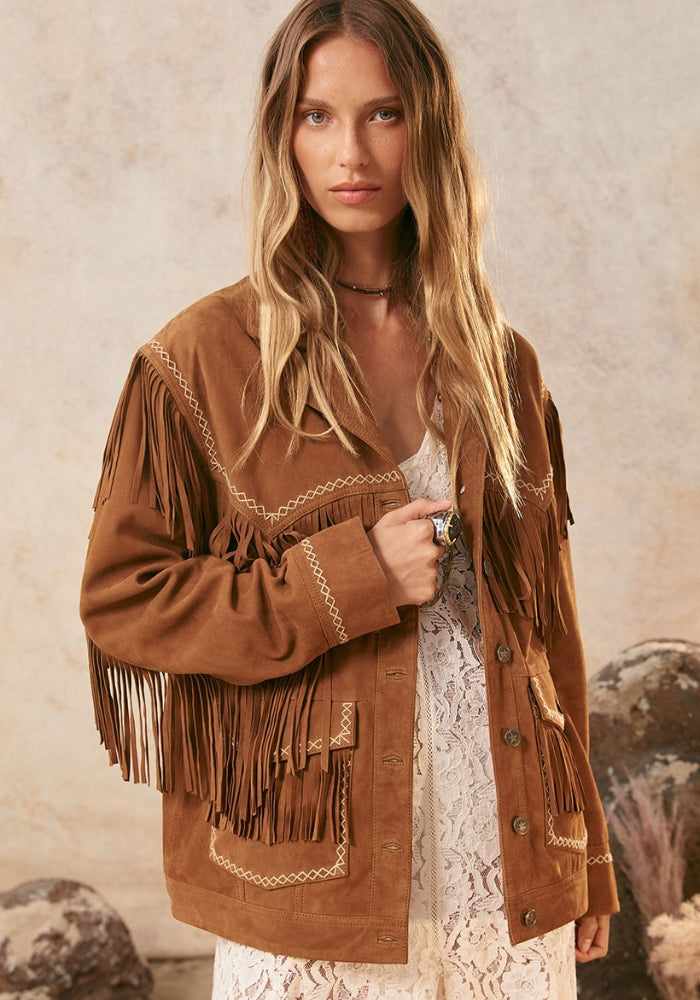 SPELL Fearless Heart Suede Fringe Jacket - Vintage Tan
