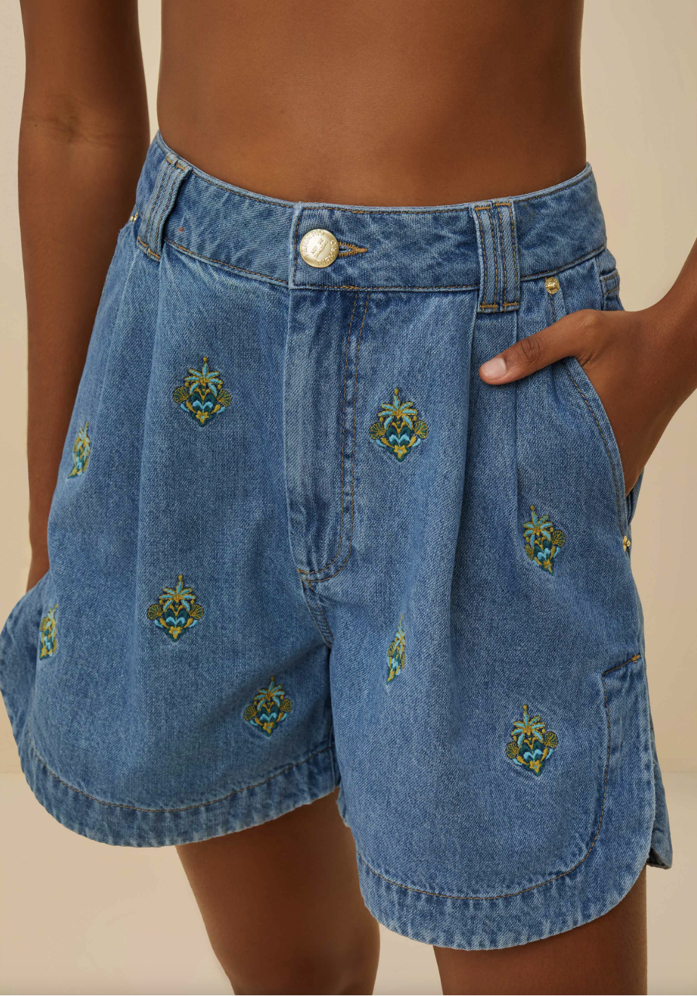 Embroidered Palm Tree Denim Shorts