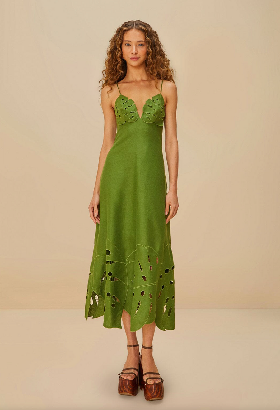 Green Monstera Embroidery Midi Dress