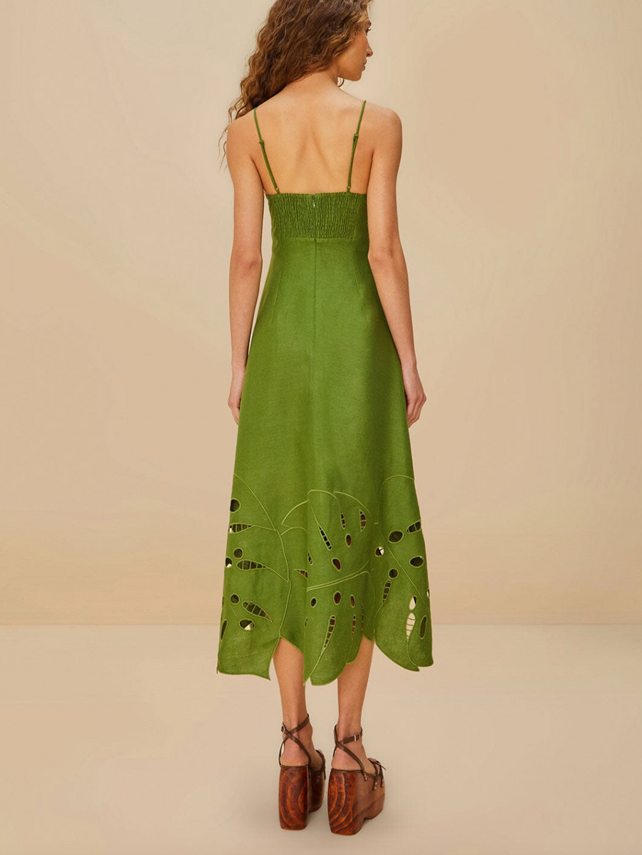Green Monstera Embroidery Midi Dress