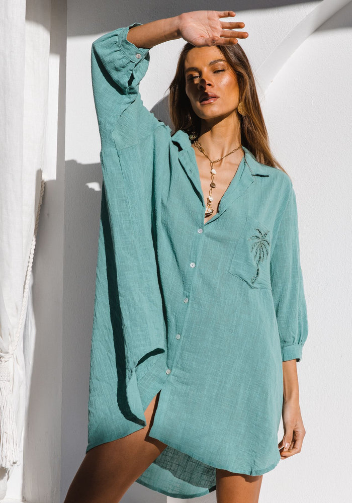 CABO 3 Palm Shirt Dress- Sea Green