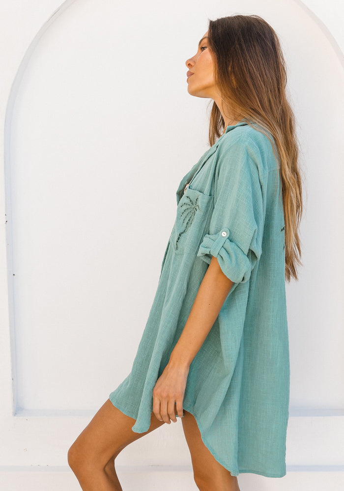 3 Palm Shirt Dress- Sea Green