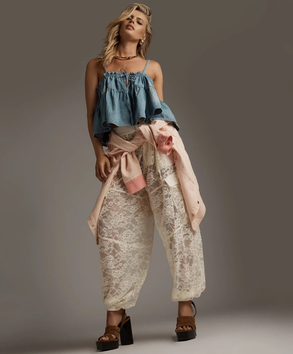 ONE TEASPOON Savage Romance Utility Lace Pants - Vintage White