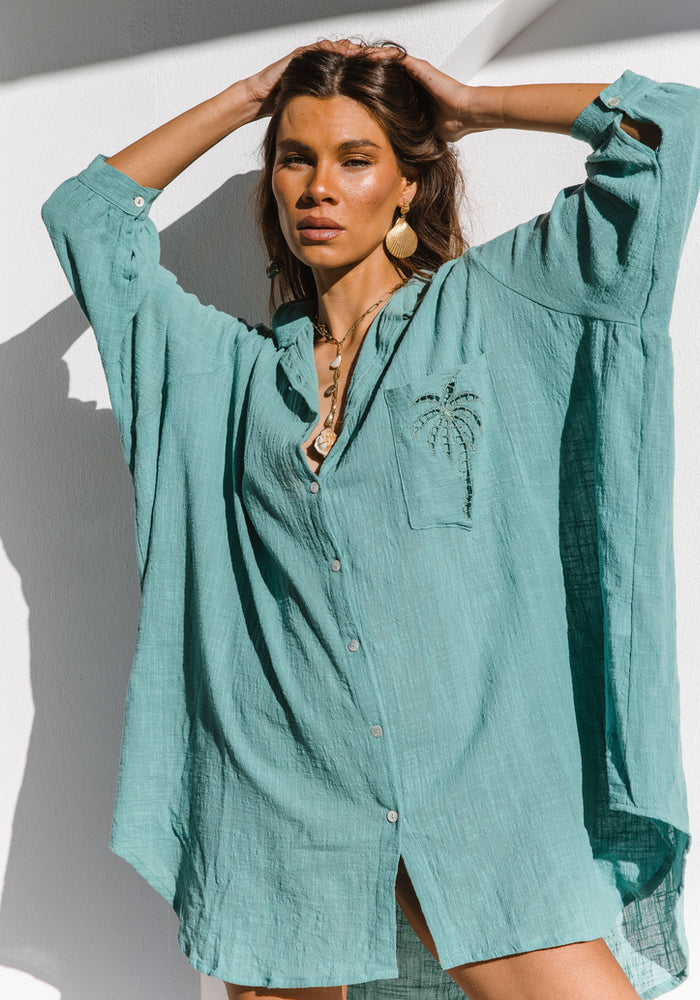 CABO 3 Palm Shirt Dress- Sea Green