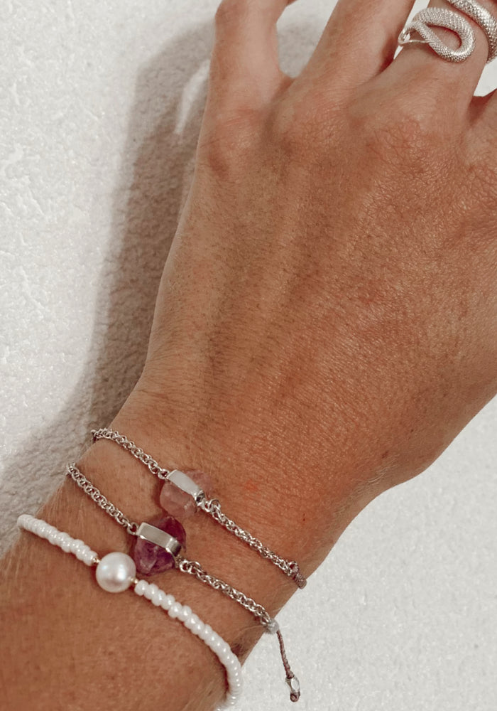 Tiger Frame Silver Chain & Cord - Pale Grey with Amethyst