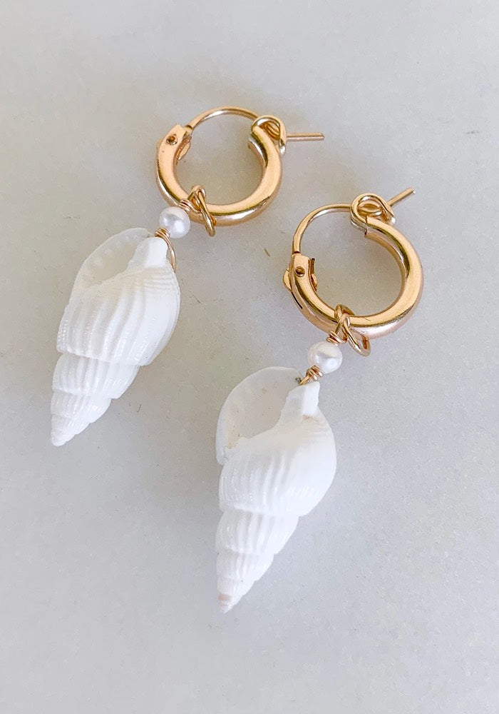 Cone Shell Pearl Hoops - Gold