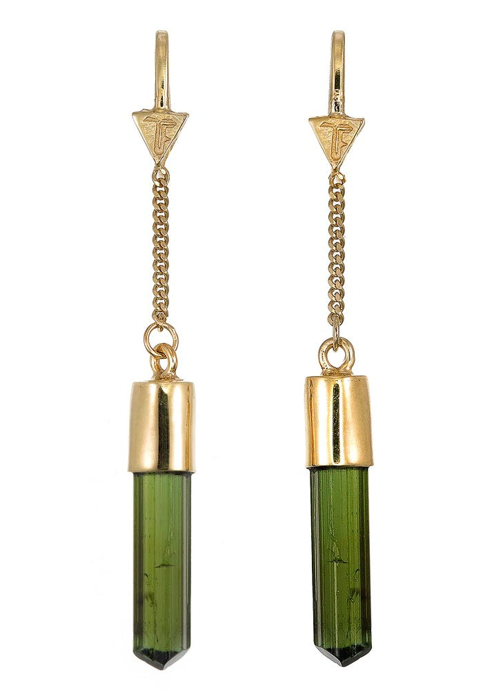 Tiger Frame Gold Green Tourmaline Crystal Earrings